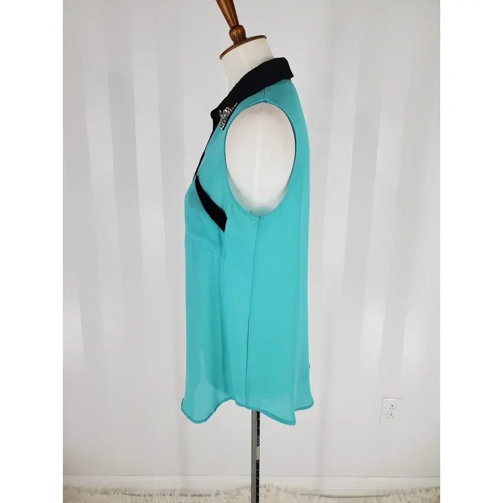 SOPRANO Women's Teal & Black Sleeveless Button Up Sheer Top w/ Rhinestones Sz M - Picture 3 of 10
